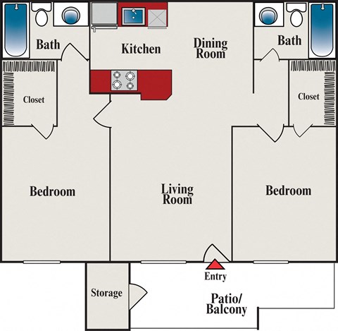 Floor plan for 2 beds, 2 baths, 900 sqft